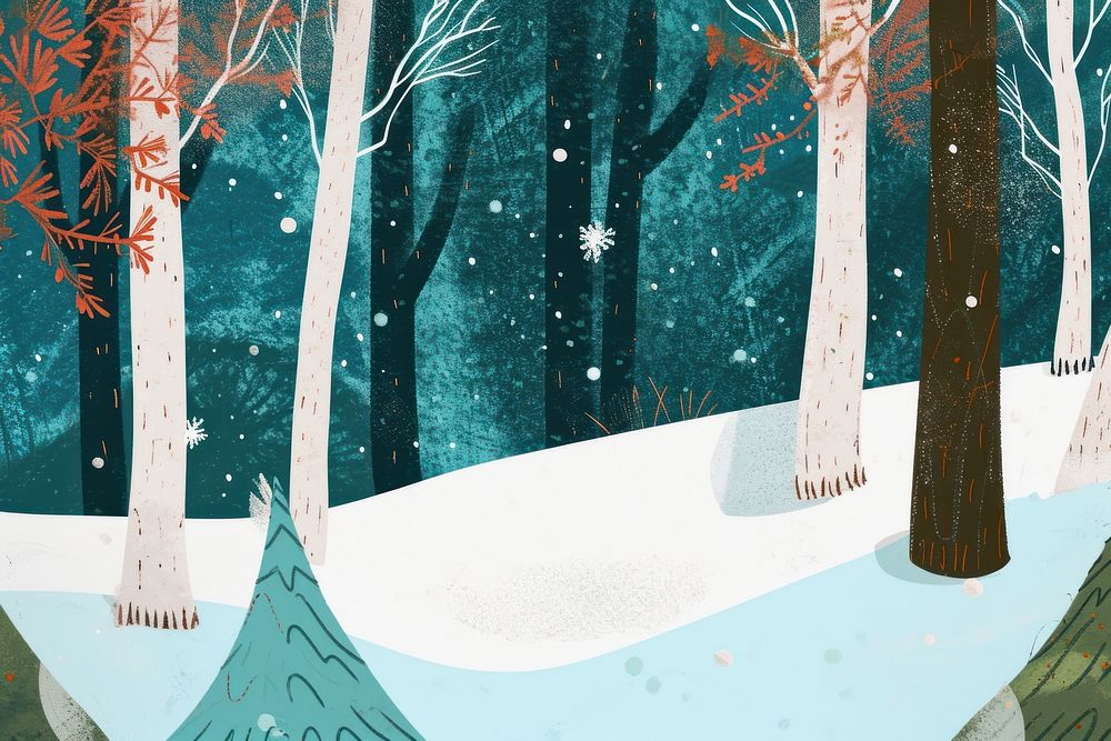 Cute snow and forest room illustration vegetation painting outdoors.