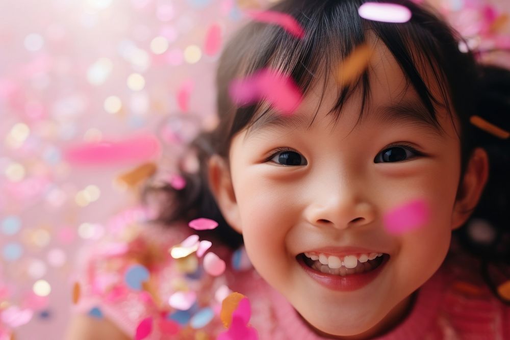 East Asian kid having fun with confetti portrait smile party.