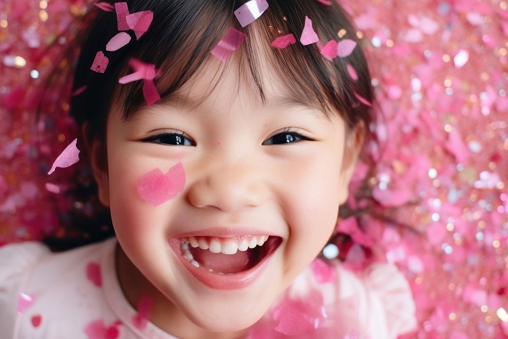 East Asian kid having fun with confetti laughing portrait smile.