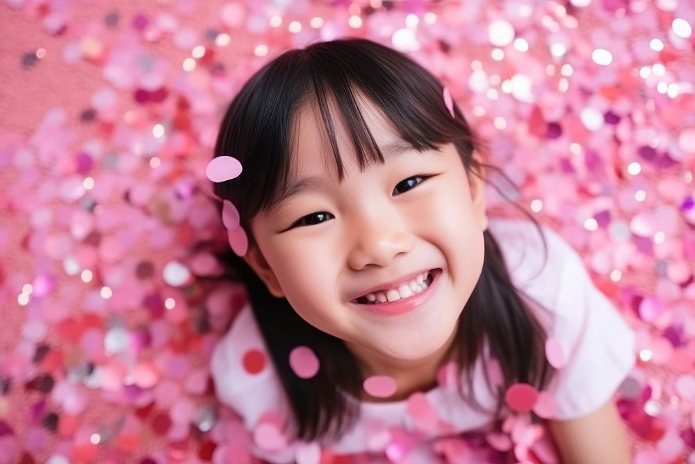 East Asian kid having fun with confetti portrait child smile.
