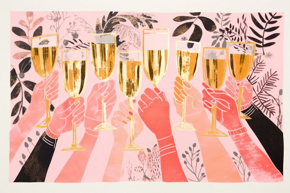 Gold pink silver hands holding many champagne glasses drink party fun. AI generated Image by rawpixel.