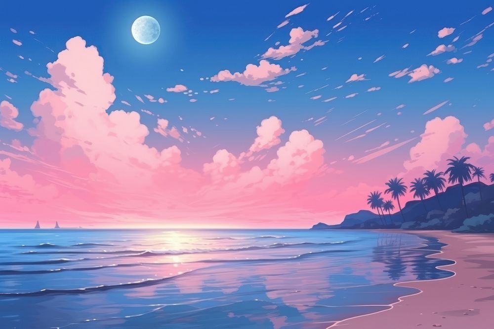 Moonlight beach landscape panoramic outdoors.