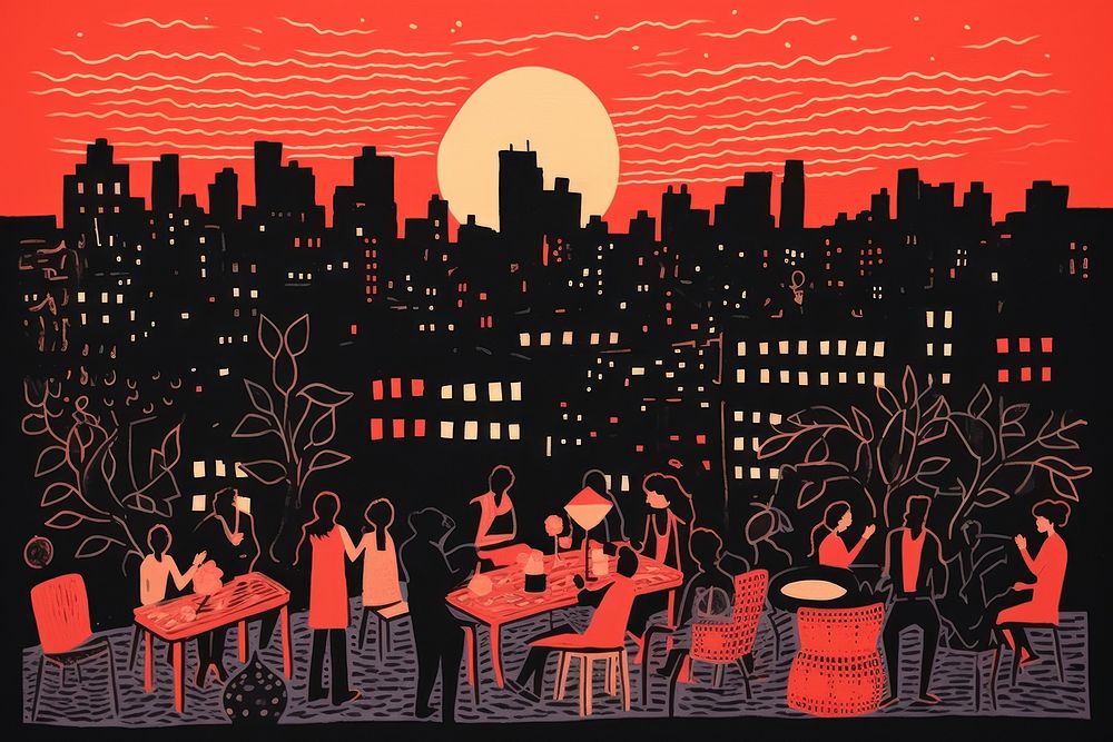 New york rooftop party drawing nature city. AI generated Image by rawpixel.