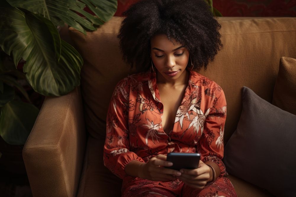 Young Black woman managing online banking with smartphone sitting on the sofa furniture adult head.