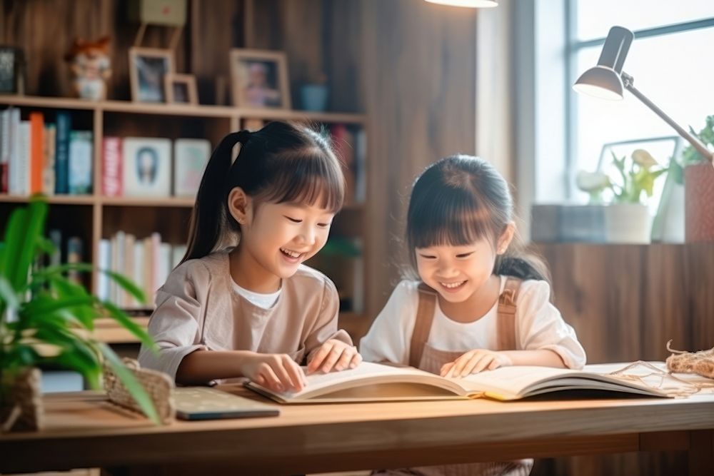 Two asian kids reading student child.