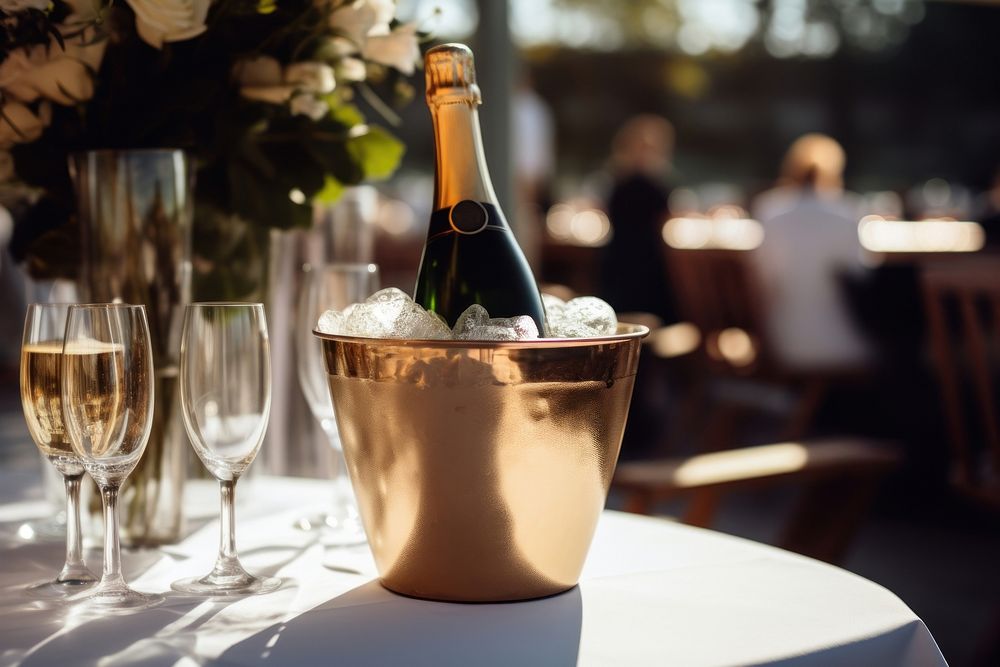 Bucket of champagne outdoors bottle table.