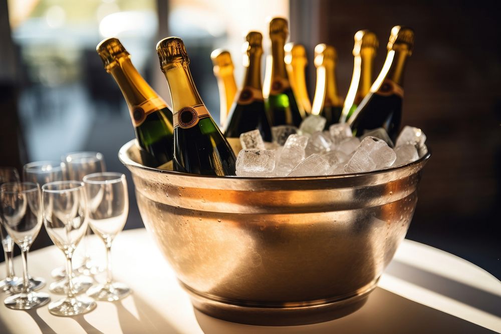 Bucket champagne bottle glass table. Free Photo rawpixel