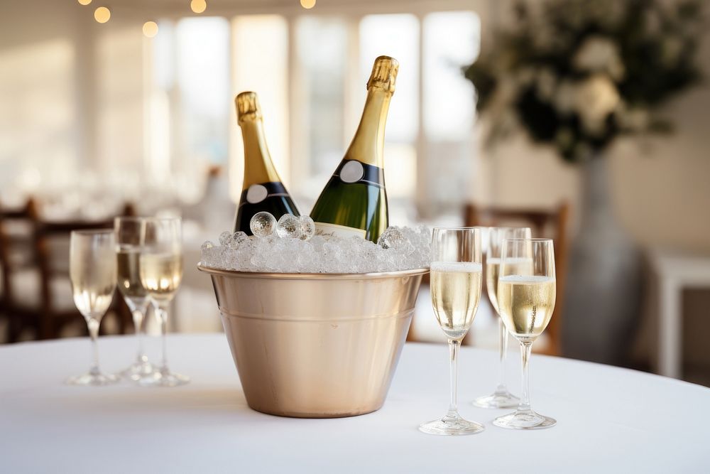 Bucket of champagne bottle glass table.