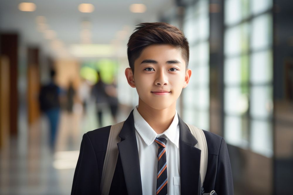 Boy student chinese portrait standing smiling.