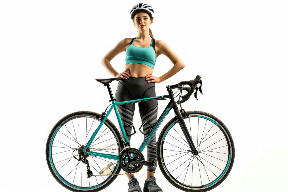 Female stand with bicycle wearing fitness workout vehicle cycling helmet.