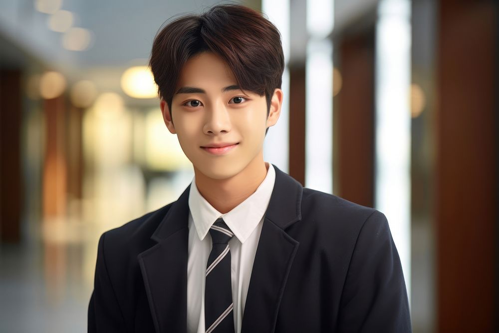 Highschoool boy student Korean portrait standing smiling.