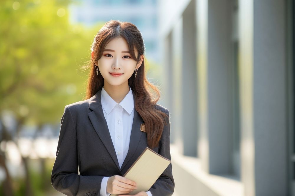 Highschoool girl student Korean standing portrait smiling.