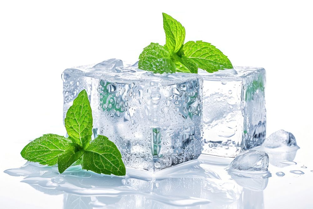 Ice cubes with mint leaves mojito plant herbs.