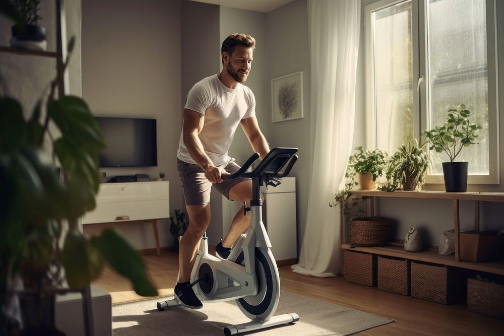 Man on an exercise bike exercising sports adult.