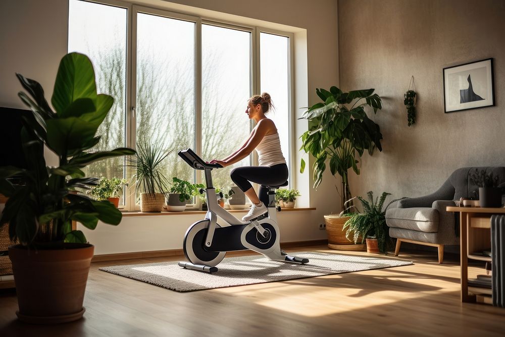 Woman on an exercise bike exercising vehicle sports.