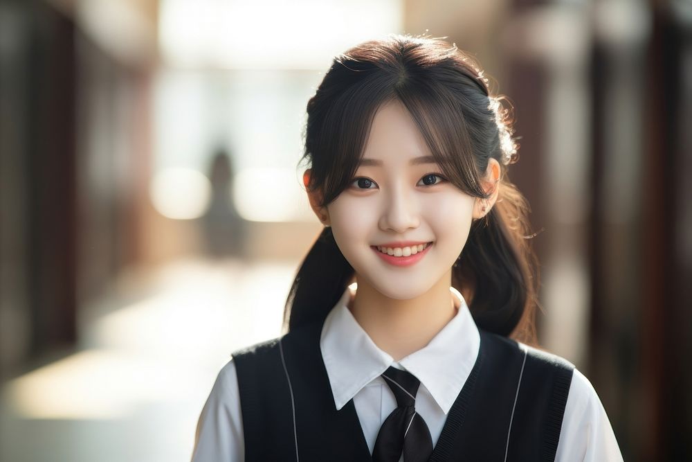 Young Korean girl standing smiling looking.