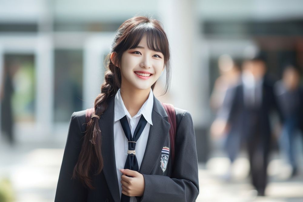 Young Korean girl standing uniform smiling.