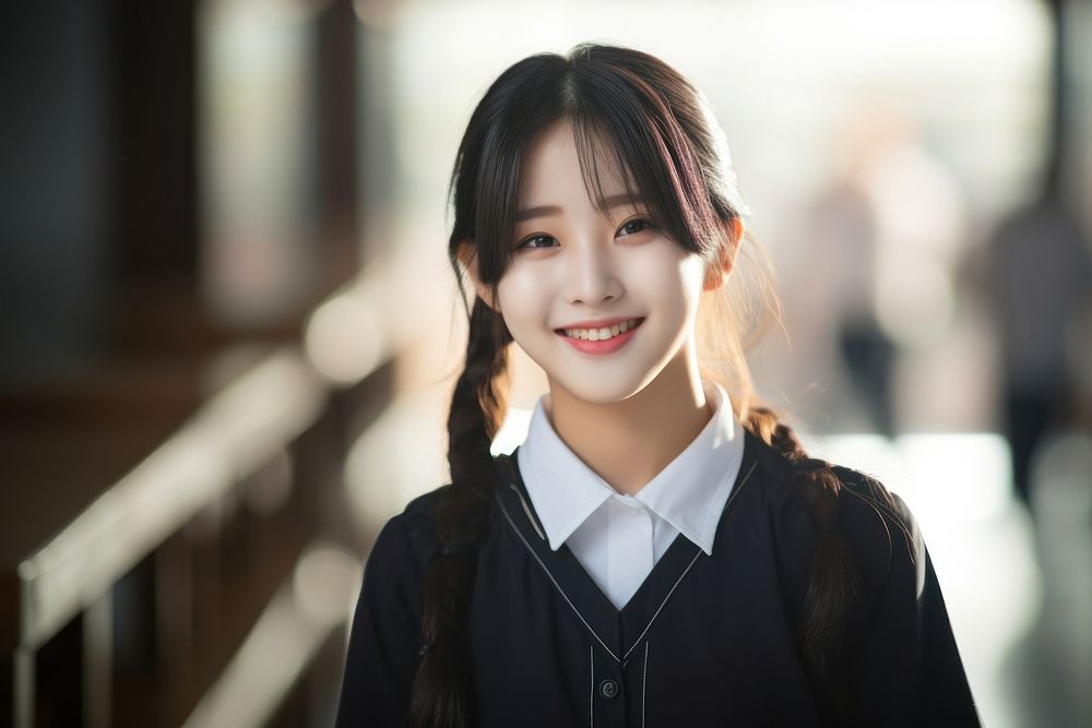 Young Korean girl portrait standing smiling.