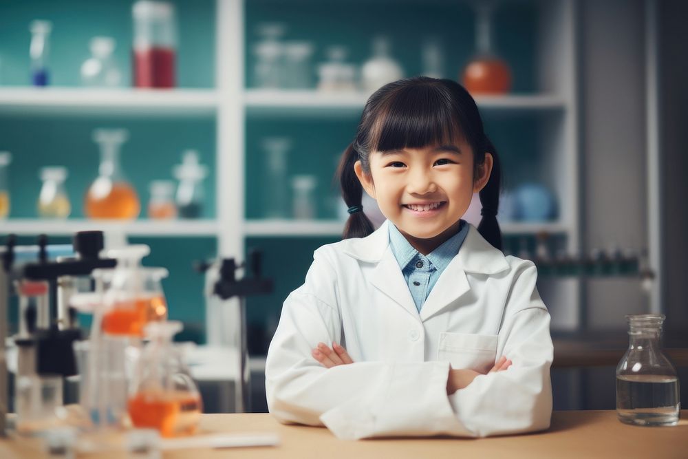 Asian kid girl scientist classroom cheerful.