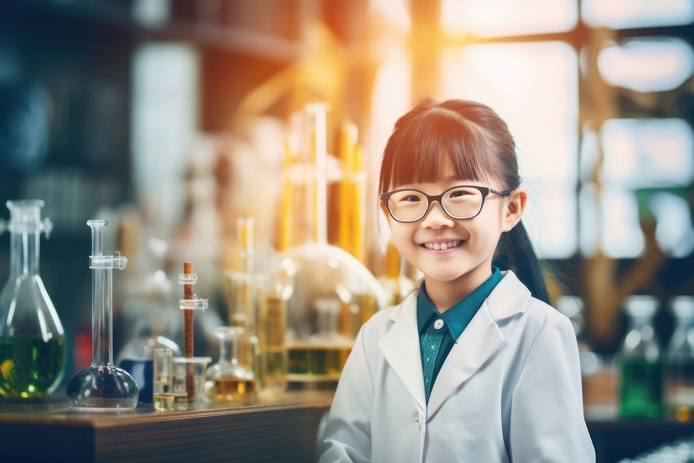 Asian kid girl scientist cheerful adult.