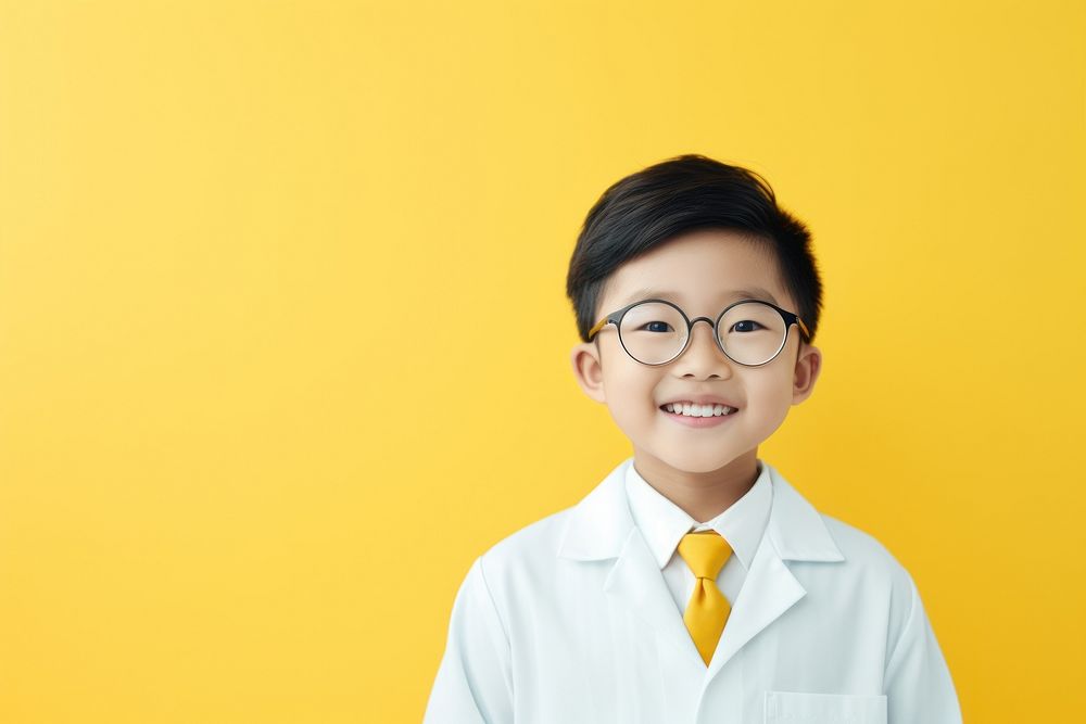 Asian kid scientist classroom cheerful.