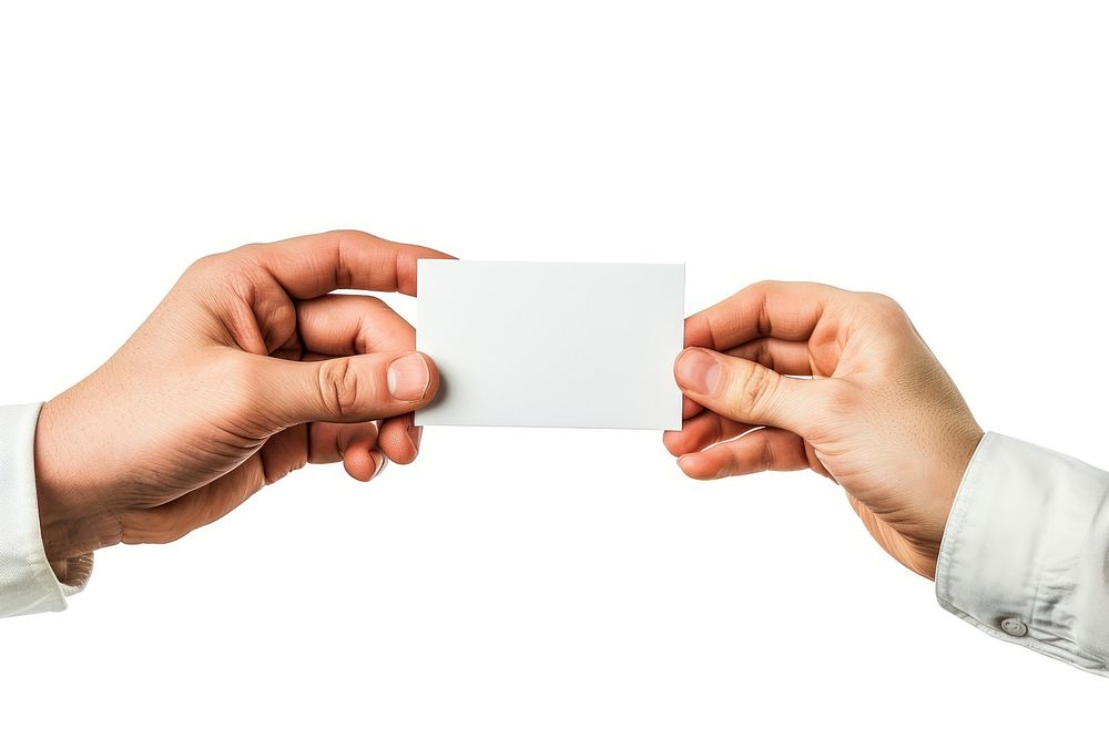 Hands sharing a blank card hand white background togetherness.
