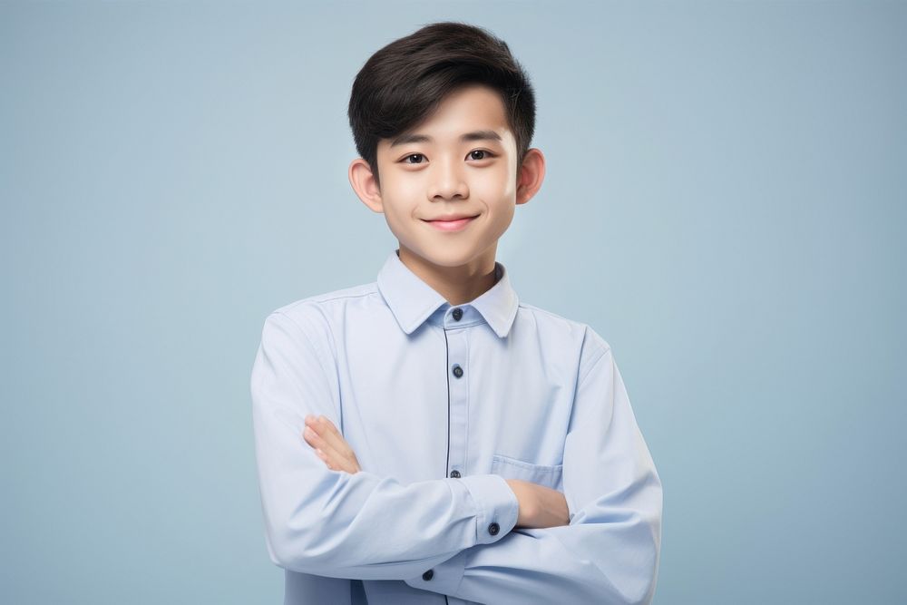 Highschool chinese Student boy portrait shirt smile.