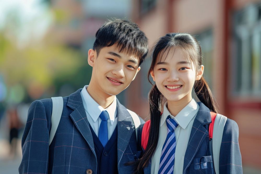 Highschool chinese Students girl and boy student happy school uniform.
