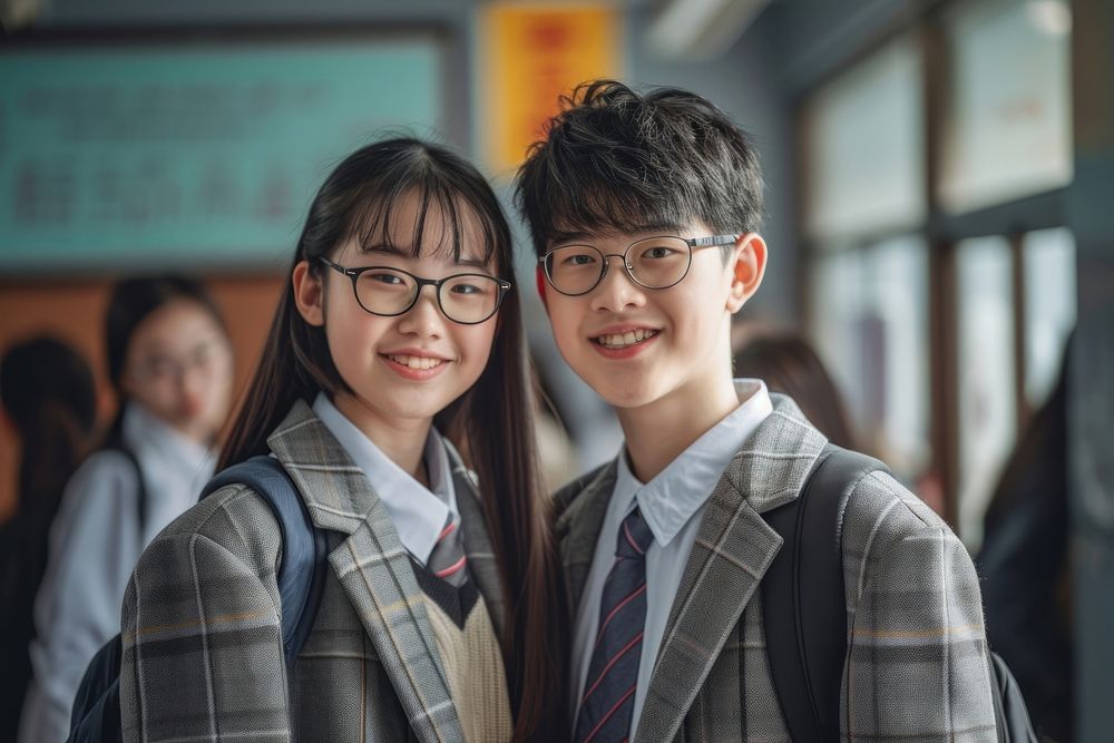 Highschool Hong Konger Students girl and boy student portrait glasses.
