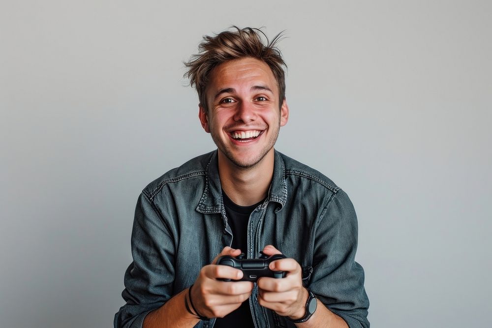 Man with joystick portrait smile adult.