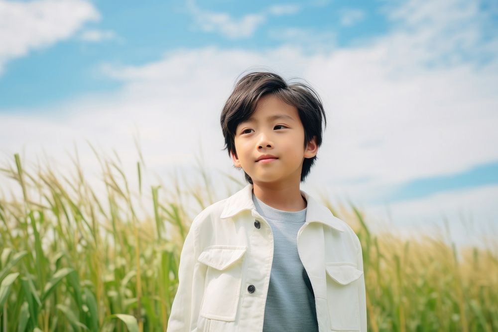 East Asians Chinese kid portrait outdoors meadow.