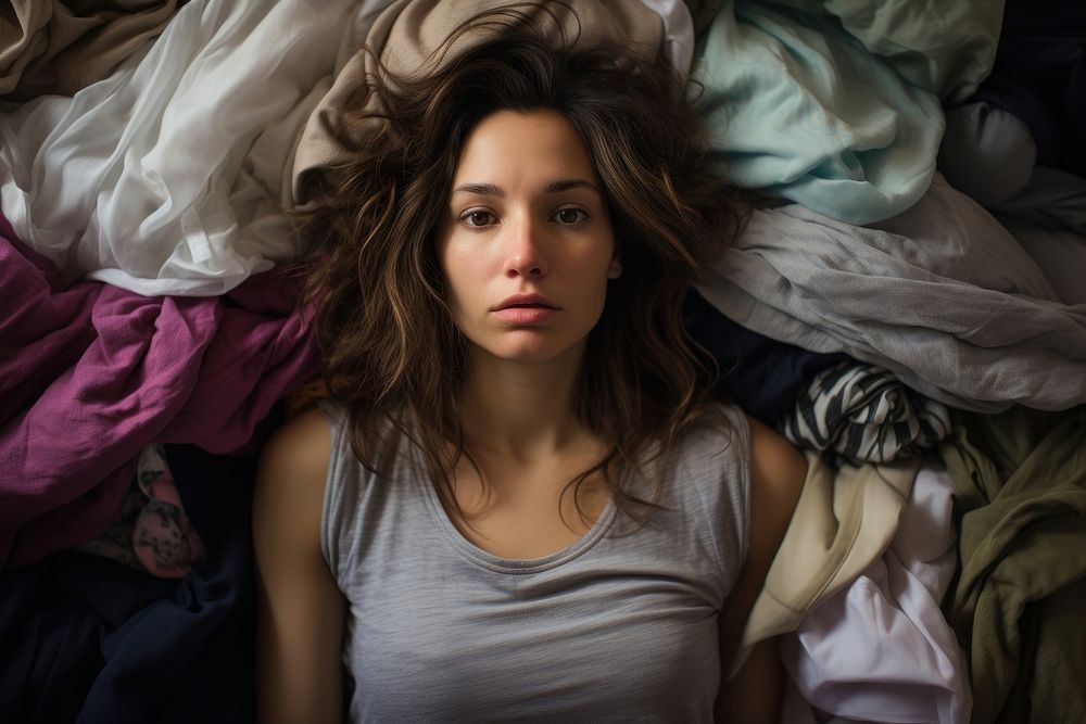 Woman looking stressed with pile of clothes on bed portrait adult photo.