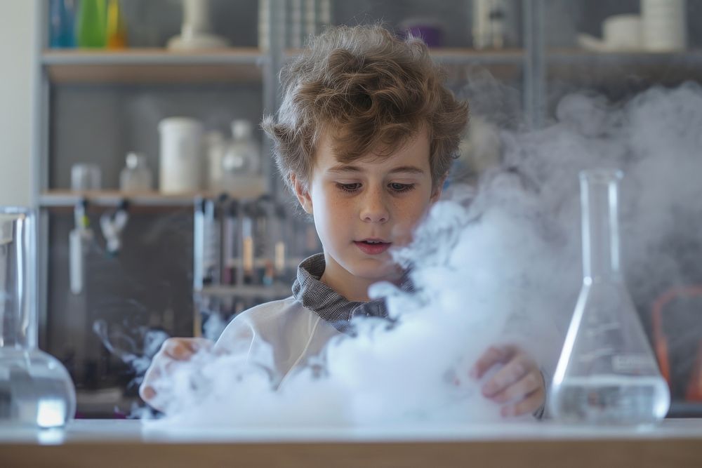 Young boy is doing a science experiment smoke smoking working.