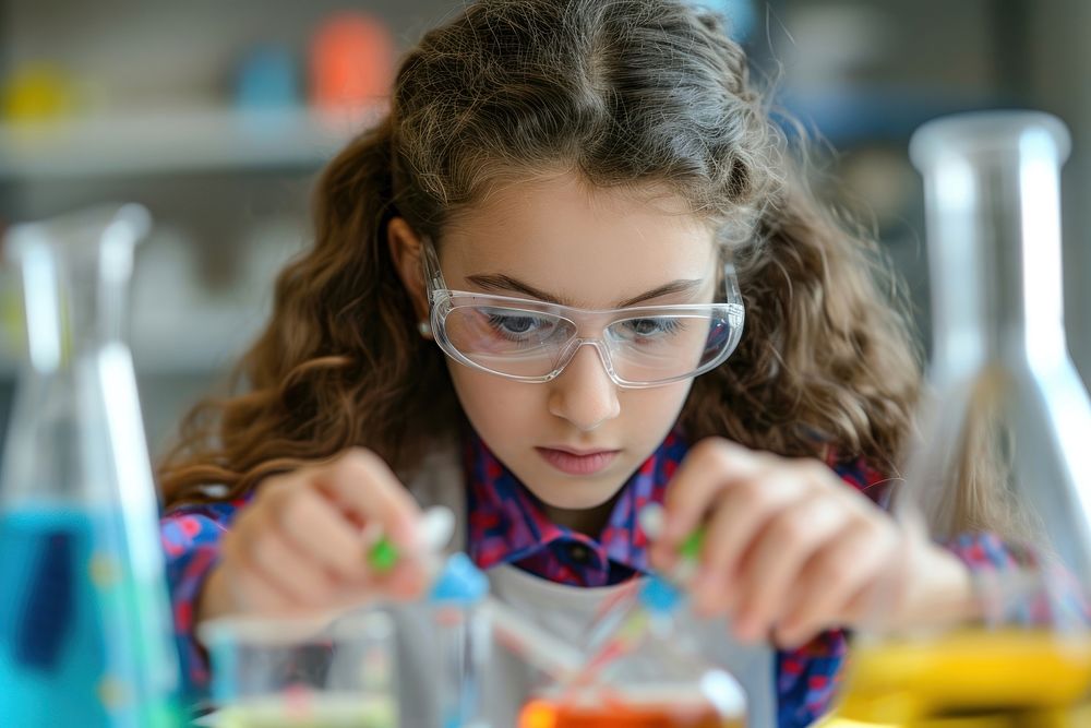 Young girl is doing a science experiment glasses concentration biotechnology.