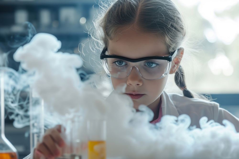 Young girl is doing a science experiment smoke scientist glasses.