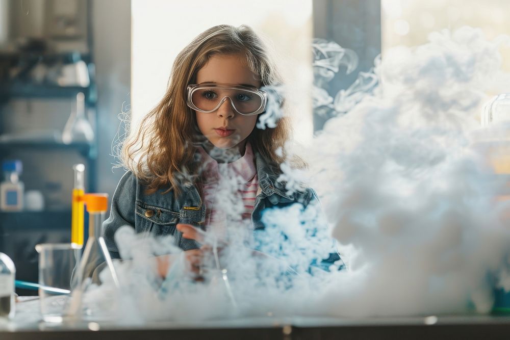 Young girl is doing a science experiment smoke glasses working.