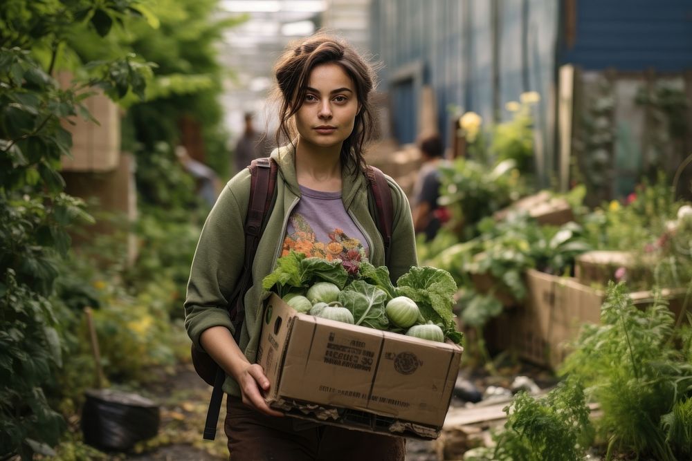 Young woman carrying a box with vegetables portrait garden adult.