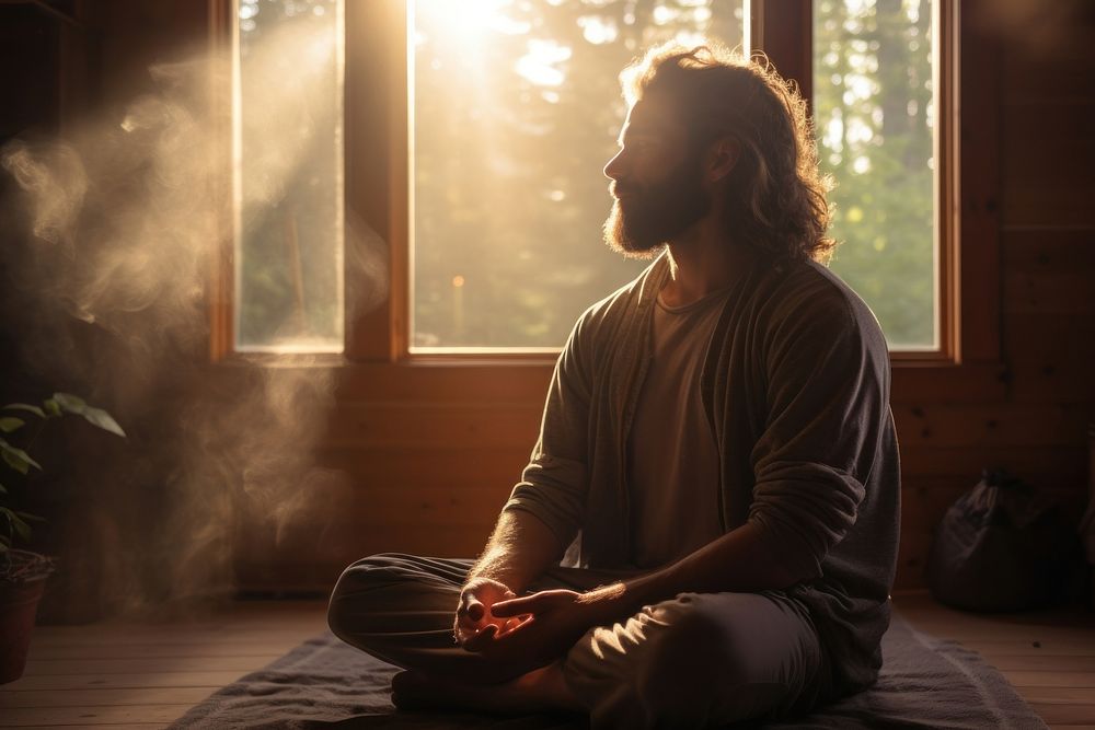 Adult man in morning meditation yoga contemplation cross-legged.