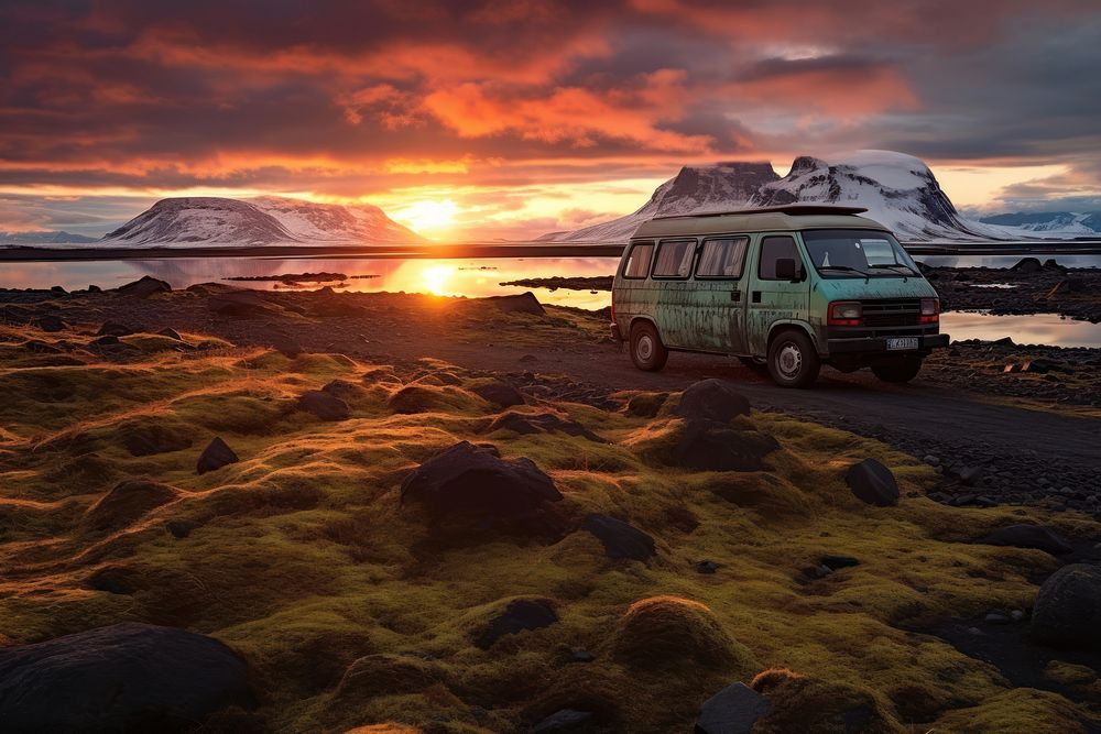 Sunset Scene of Moss cover on volcanic landscape car outdoors vacation.
