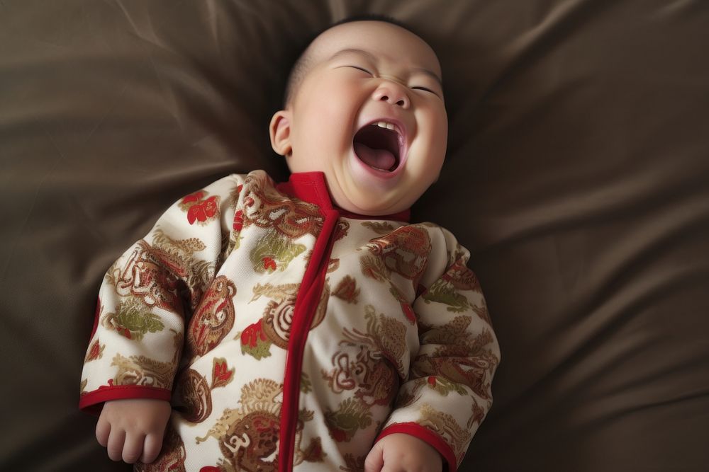 Laughing Chinese baby laughing yawning bed.