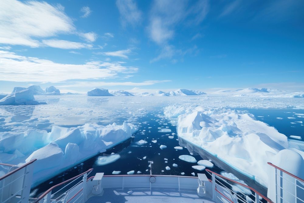 View from the bow of a cruise ship ice landscape mountain.
