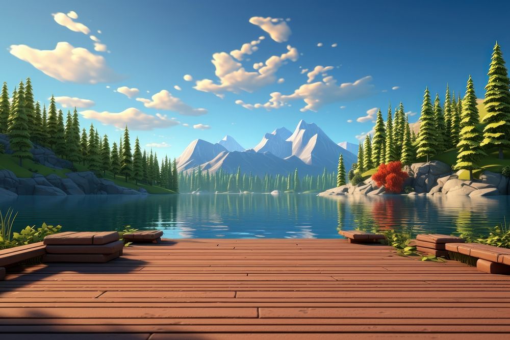Wooden dock lake landscape panoramic.