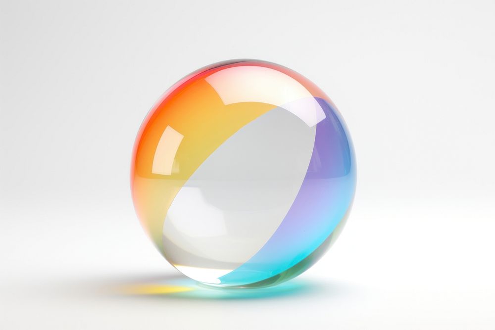Rainbow sphere transparent glass bubble white background refraction.
