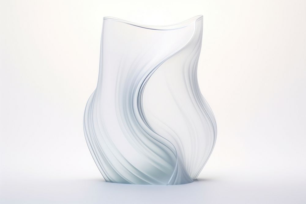 Wavy transparent glass white vase white background.