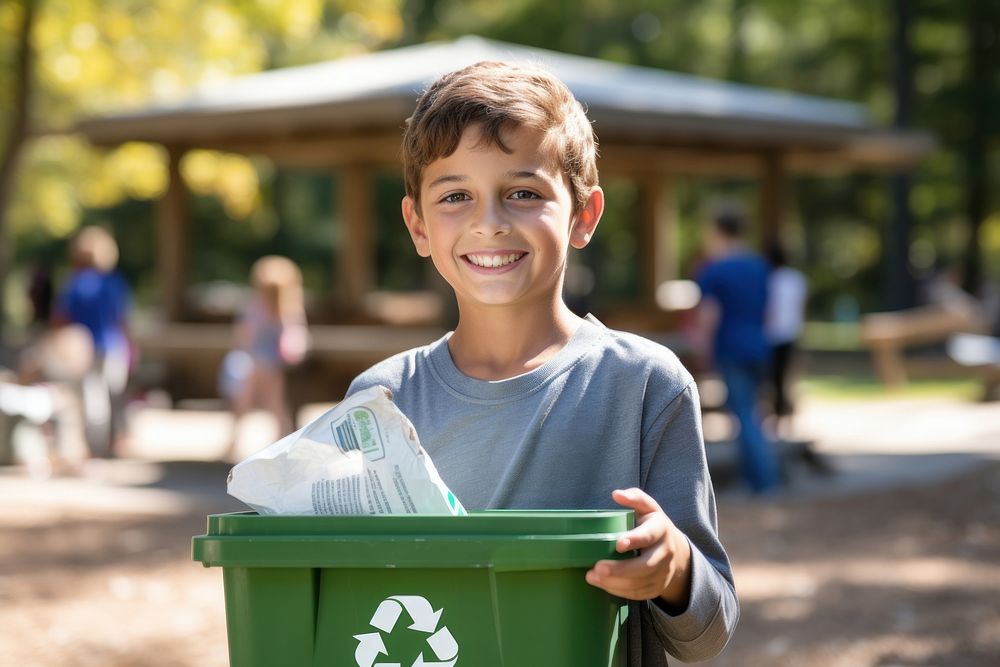 Kids volunteer holding recycling basket garbage child environmentalist.