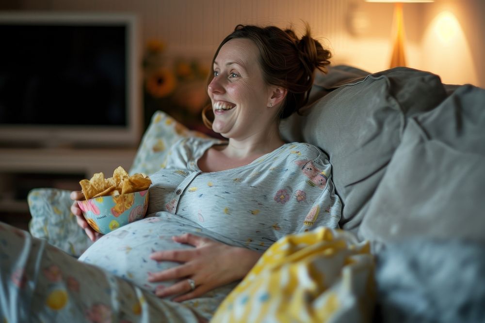 Pregnant british woman smiling sitting blanket.