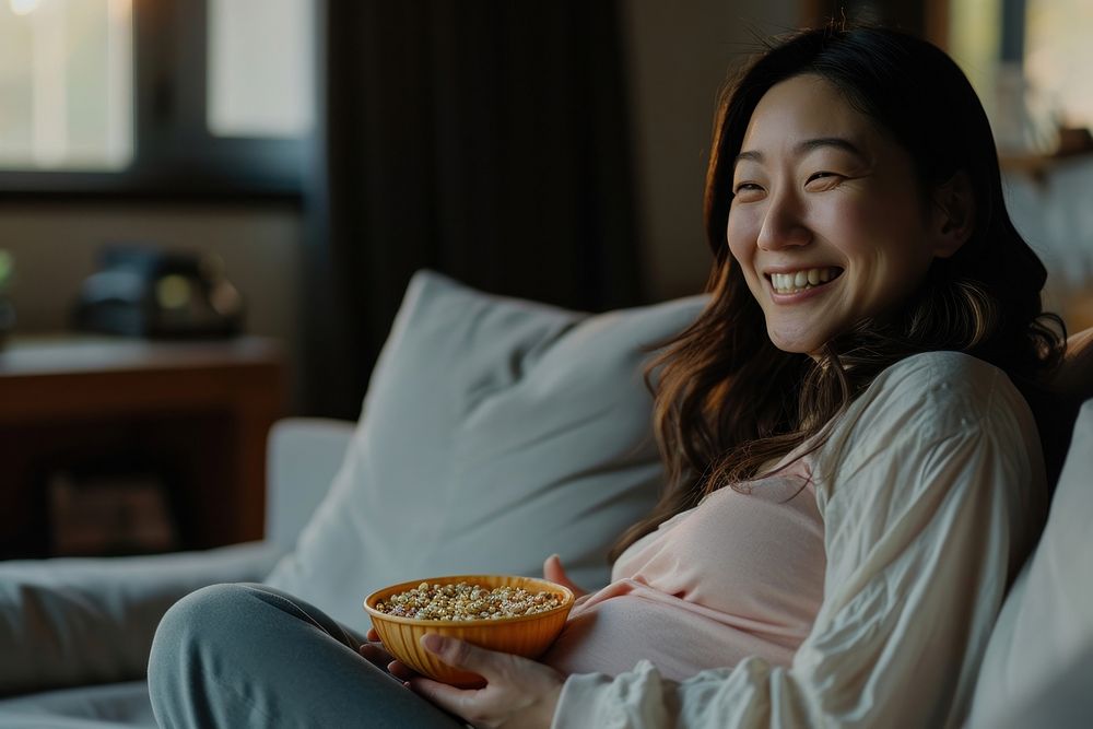 Pregnant korean woman smiling sitting adult.