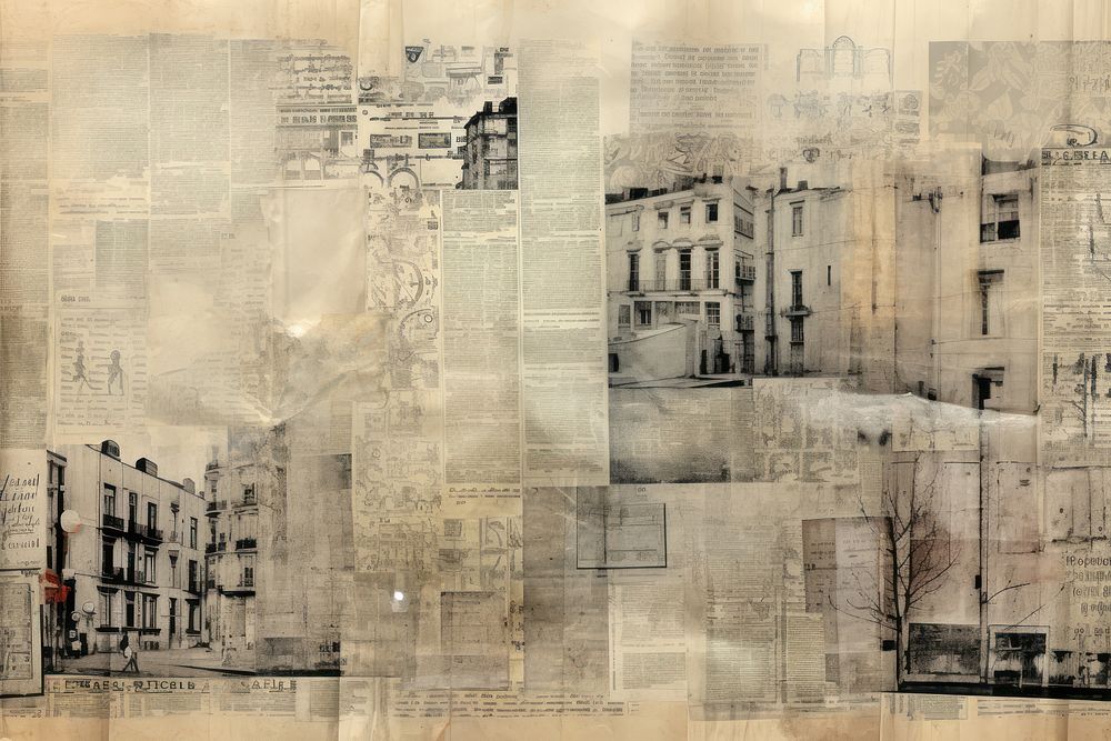A cityscape backgrounds newspaper collage.