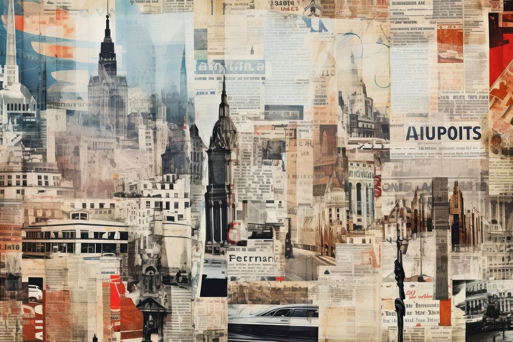 A cityscape collage backgrounds newspaper.