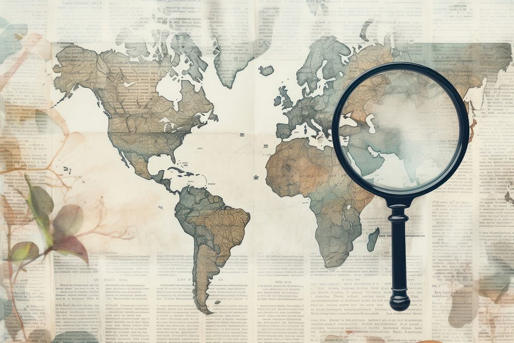 Magnifying glass map newspaper world.